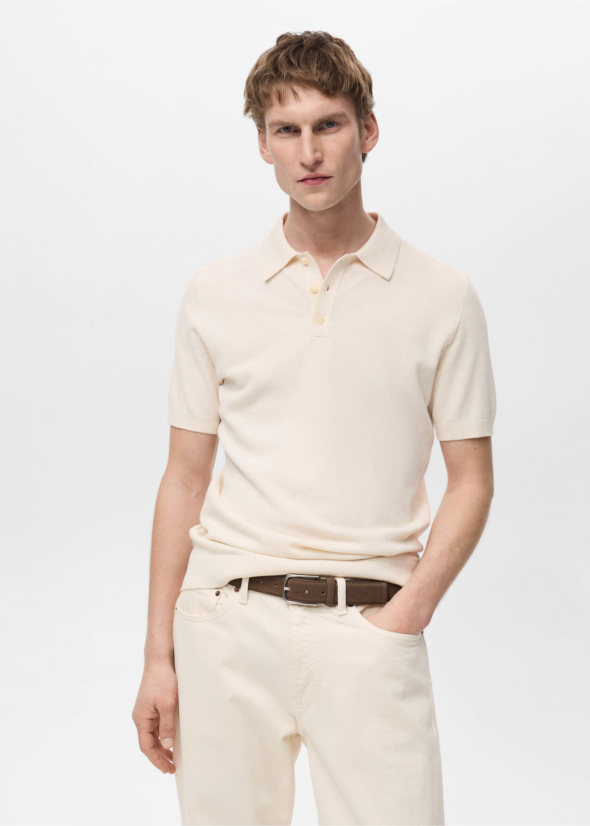 Structured knitted slim-fit polo shirt - Medium plane, Ivory White. Ref: 87065932-00.