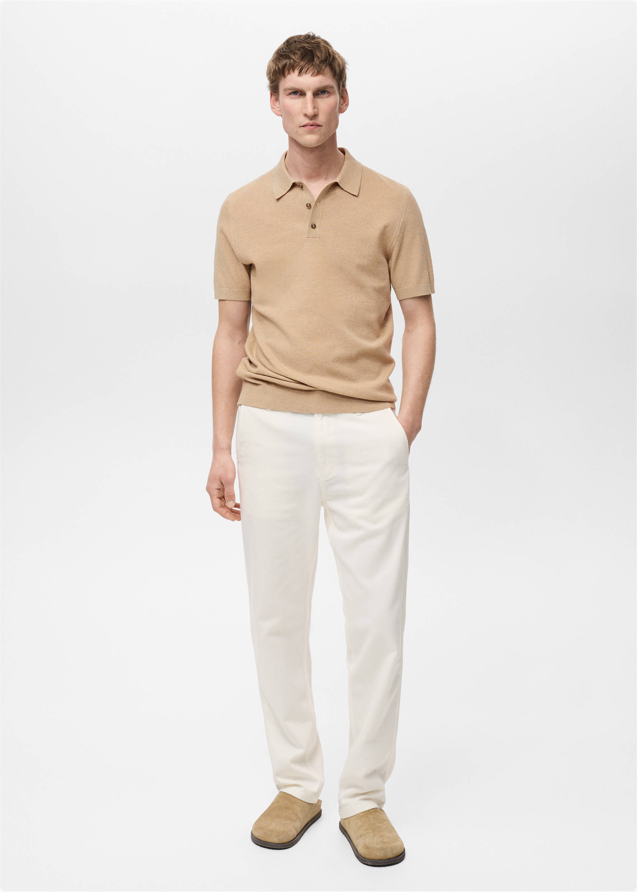 Structured knitted slim-fit polo shirt - General plane, Beige. Ref: 87065932-00.