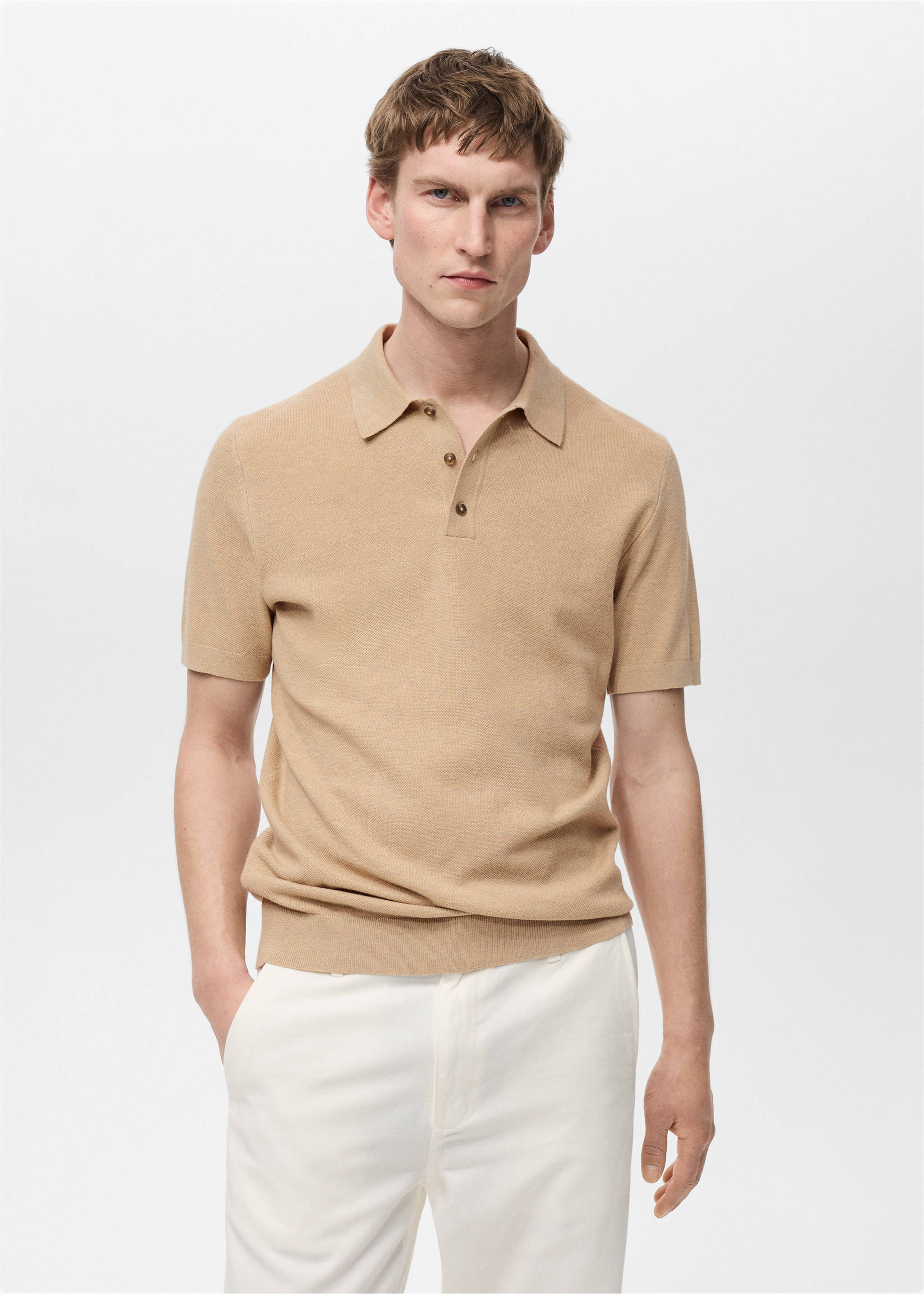 Structured knitted slim-fit polo shirt - Medium plane, Beige. Ref: 87065932-00.