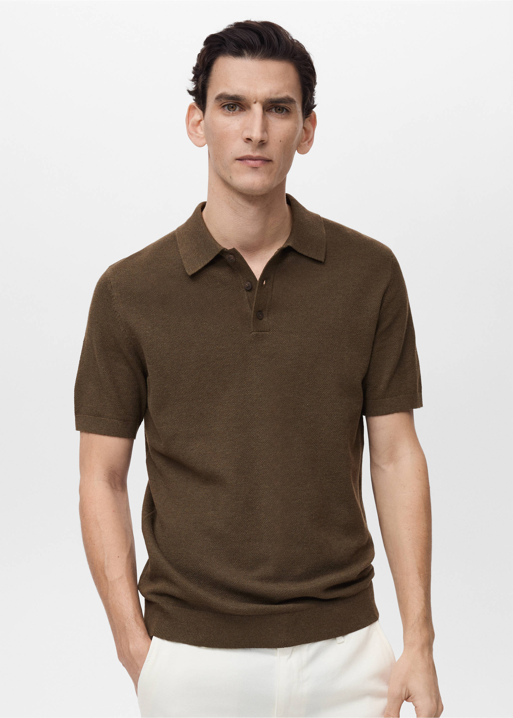 Structured knitted slim-fit polo shirt - Medium plane, Brown. Ref: 87065932-00.