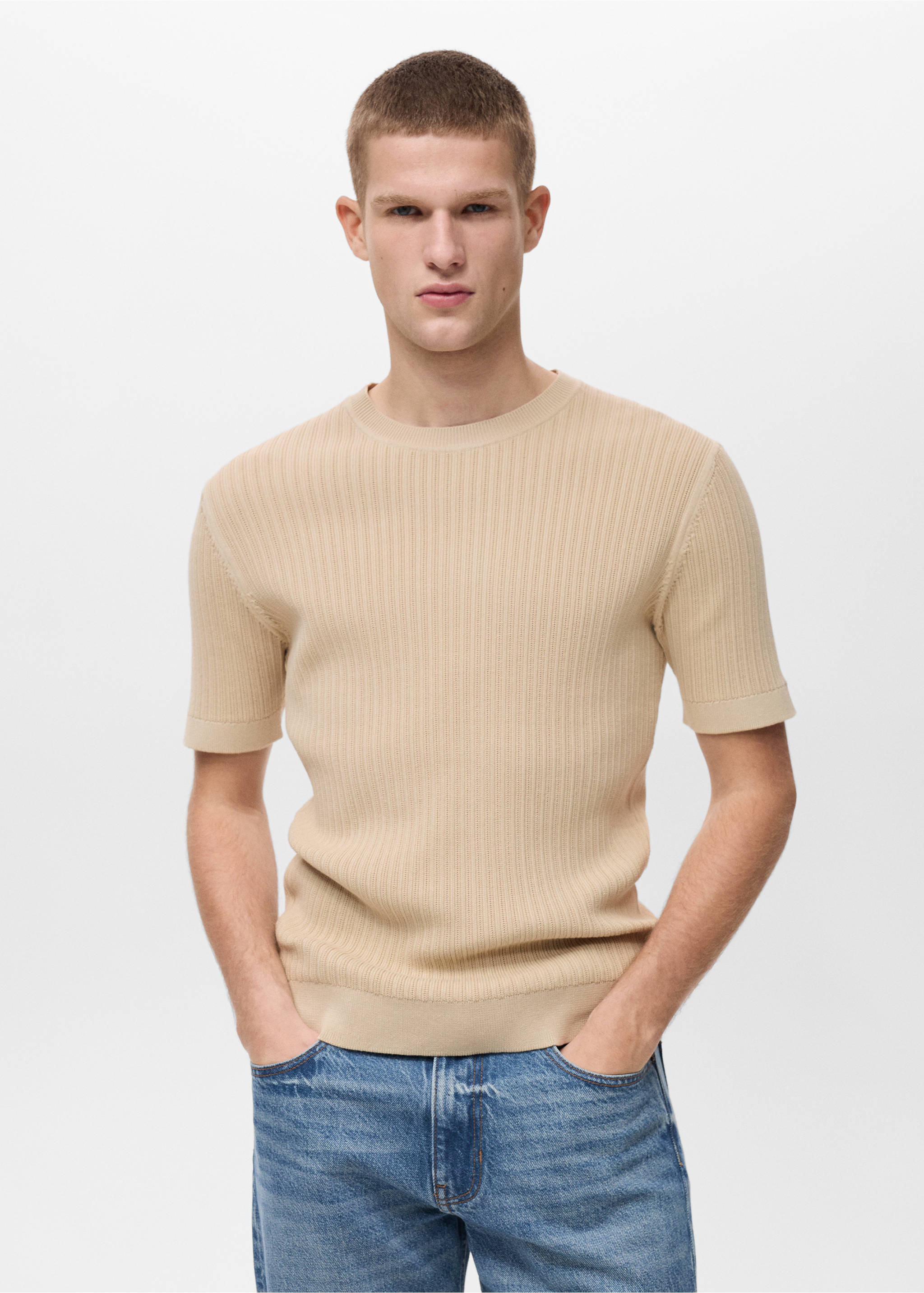 Braided cotton knitted T-shirt - Medium plane, Ecru. Ref: 87065934-00.