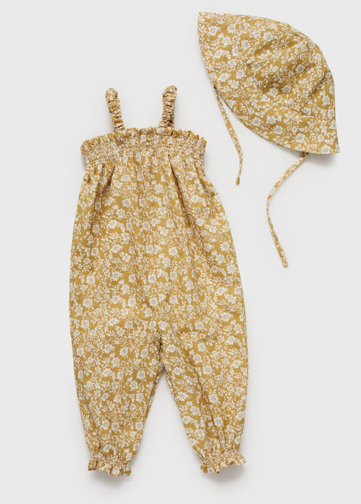 Printed cotton dungarees — Mustard