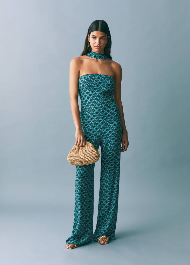 Printed jumpsuit with bow — Turquoise