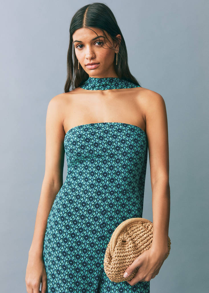 Printed jumpsuit with bow — Turquoise