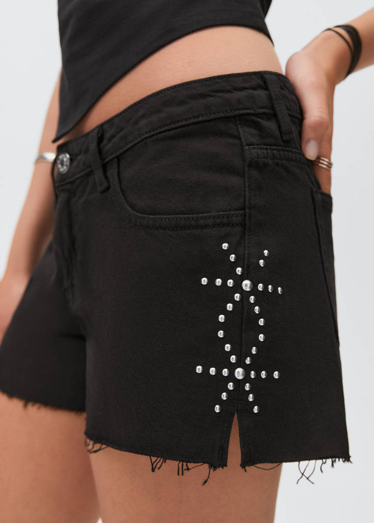 Studded denim shorts — Black denim
