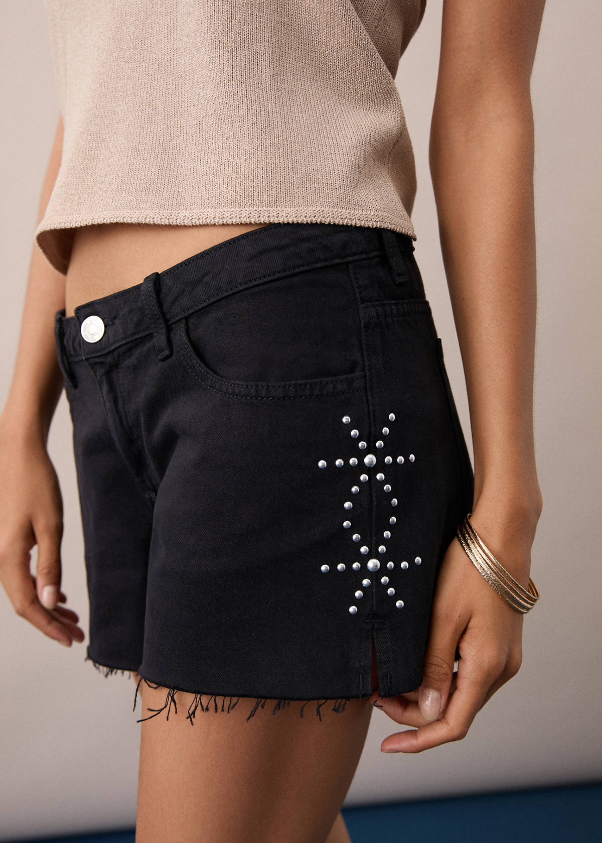 Studded denim shorts — Black denim