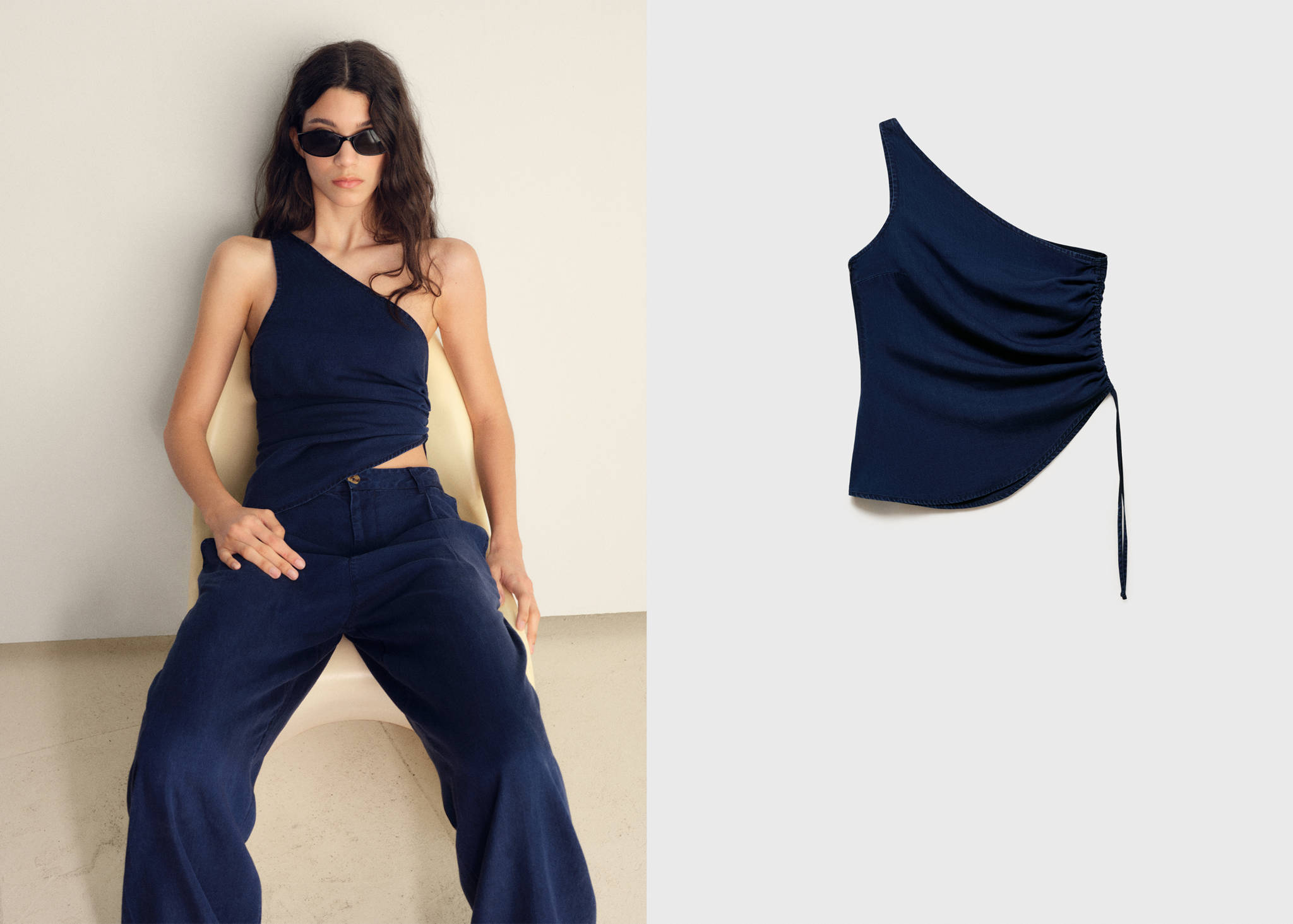Mango Yandan büzgülü denim görünümlü bluz görsel 8