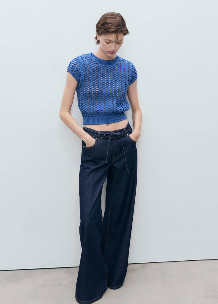 Short-sleeved crochet sweater — Blue