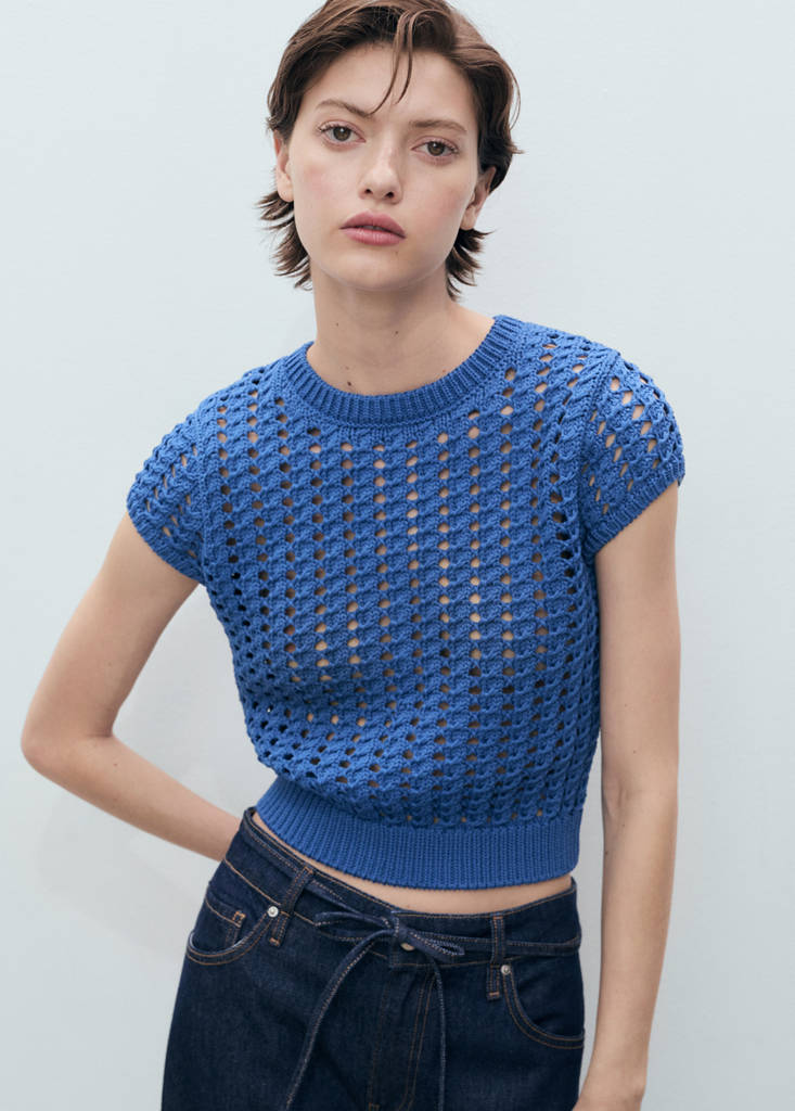 Short-sleeved crochet sweater — Blue