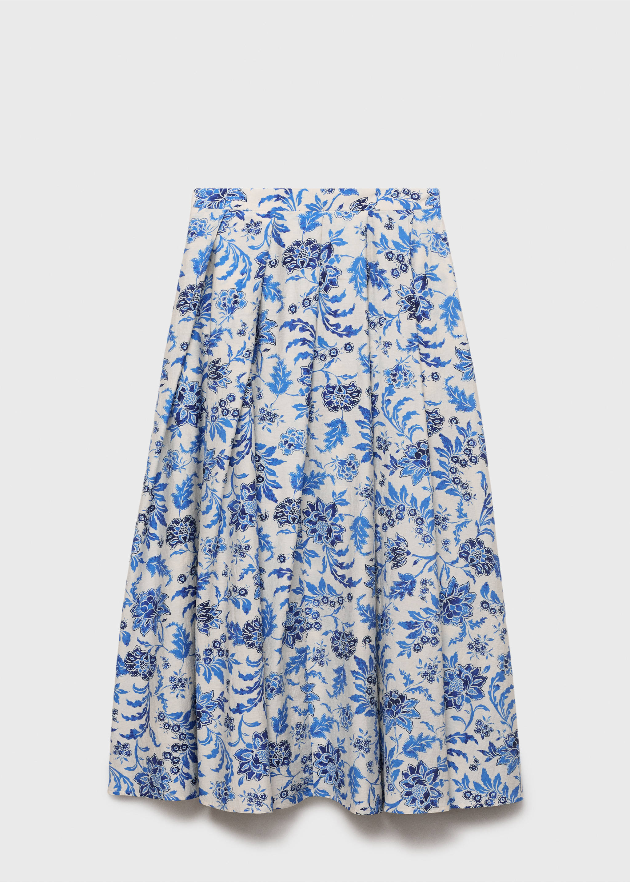 Falda midi evasé de tiro alto con estampado floral azul y pliegues., Blanco roto. Ref: 87068646-00.