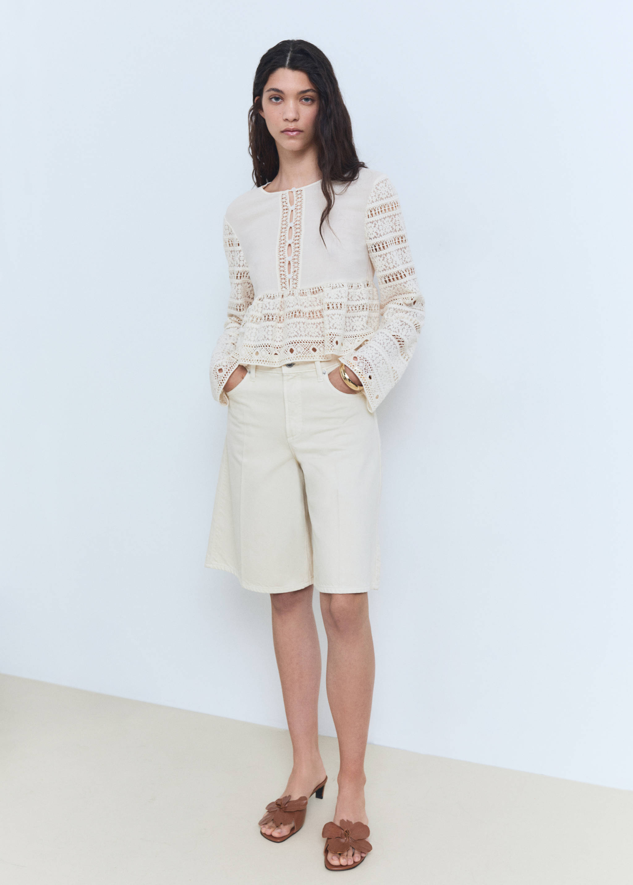 Embroidered cotton blouse with openwork details - General plane