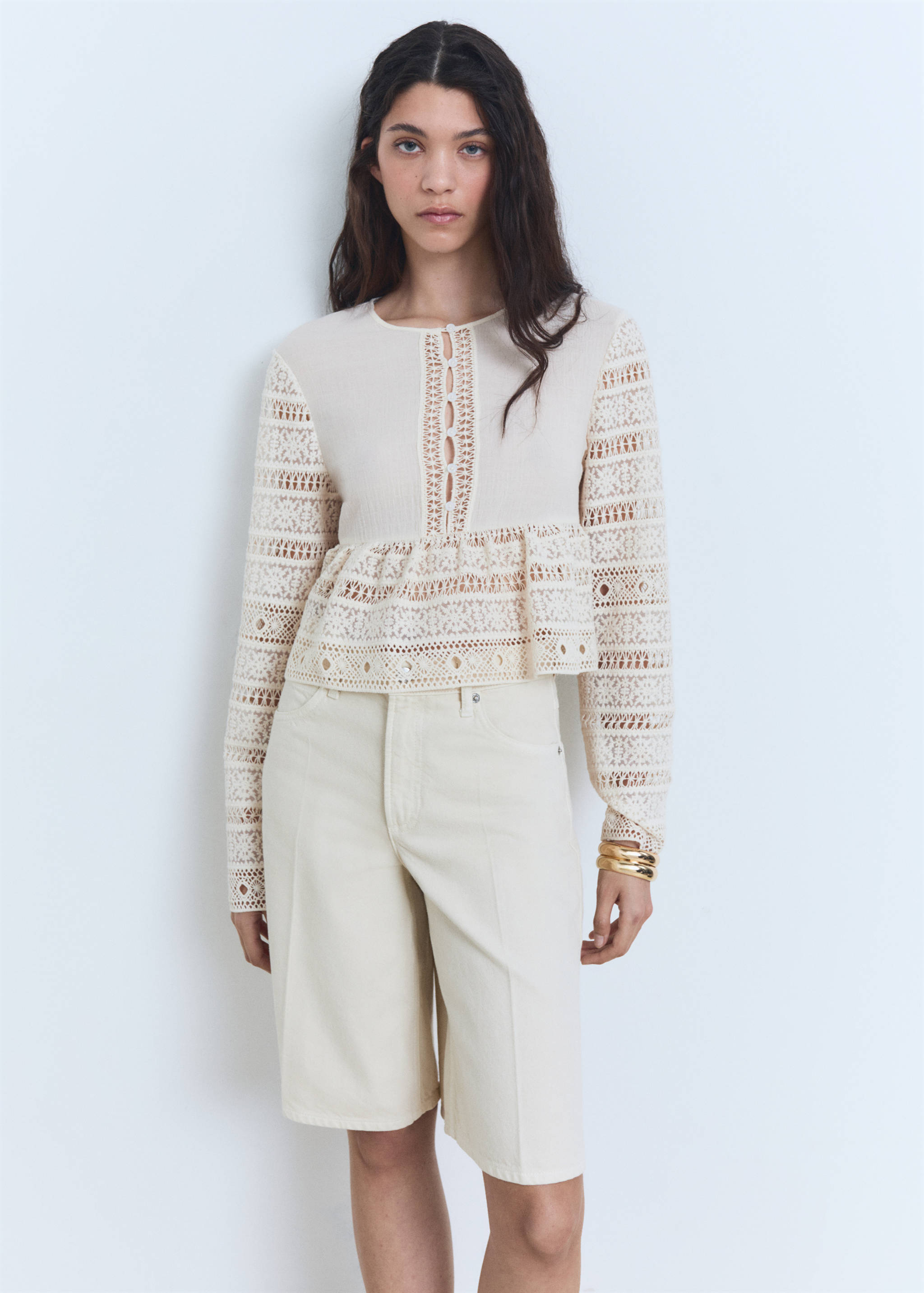 Embroidered cotton blouse with openwork details - Medium plane