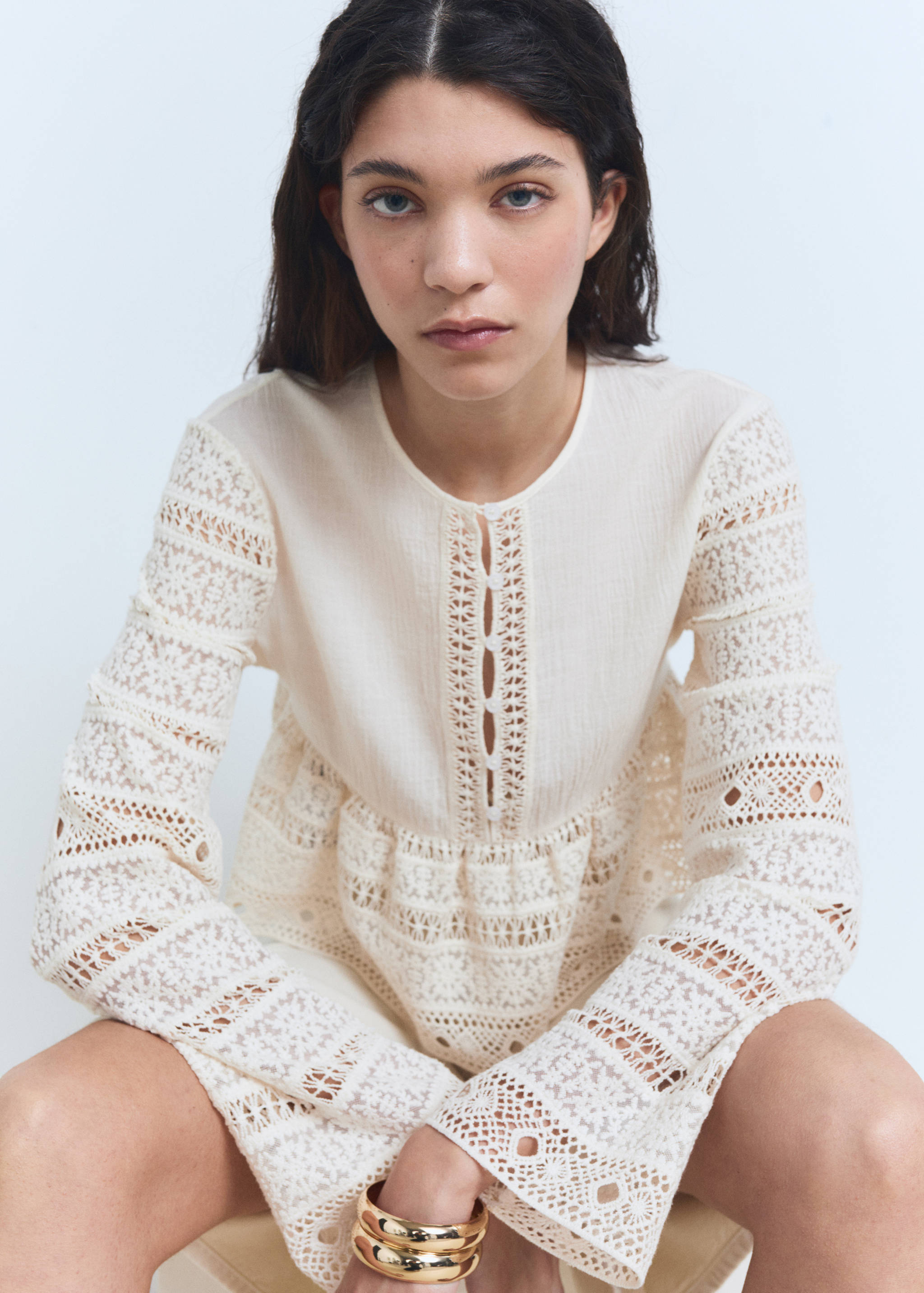 Embroidered cotton blouse with openwork details - Details of the article 2