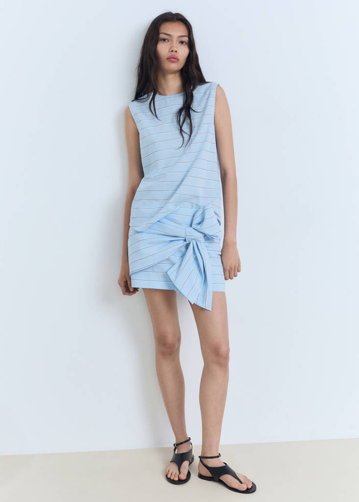 MANGO - Jupe en coton rayée avec détail naud bleu ciel - 34