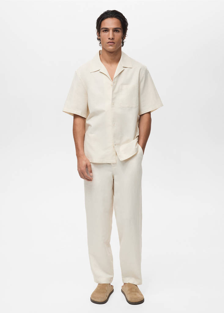Linen shirt with bowling collar and pocket — Ivory White