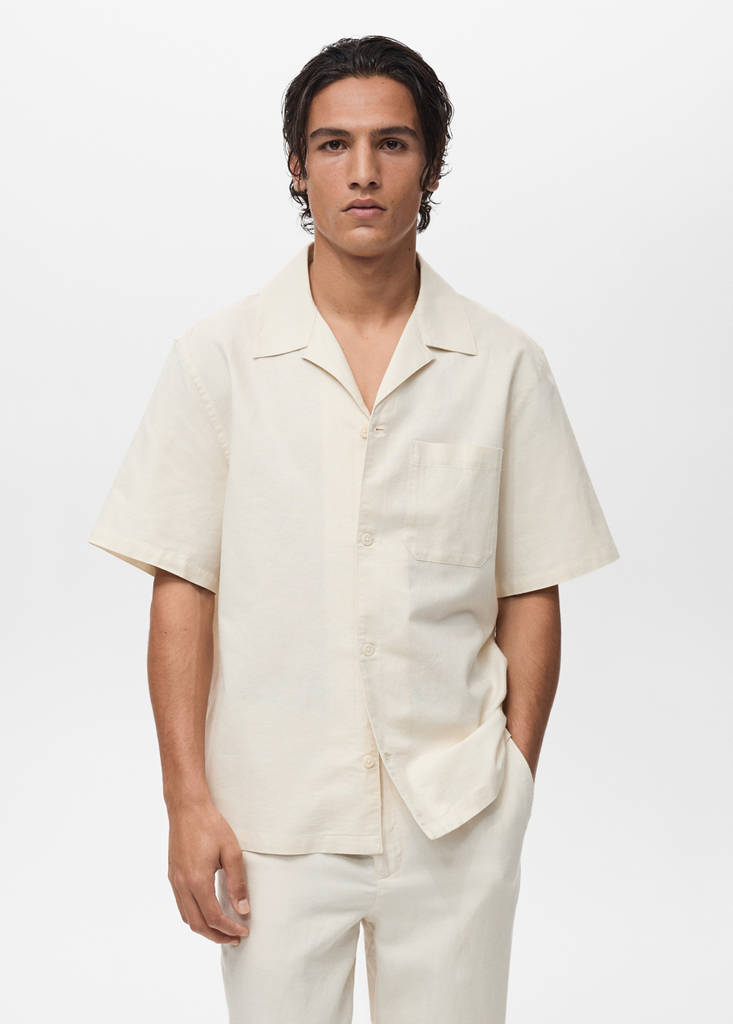 Linen shirt with bowling collar and pocket — Ivory White