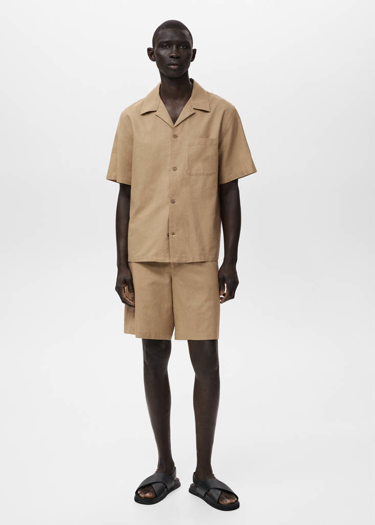Linen shirt with bowling collar and pocket — Beige