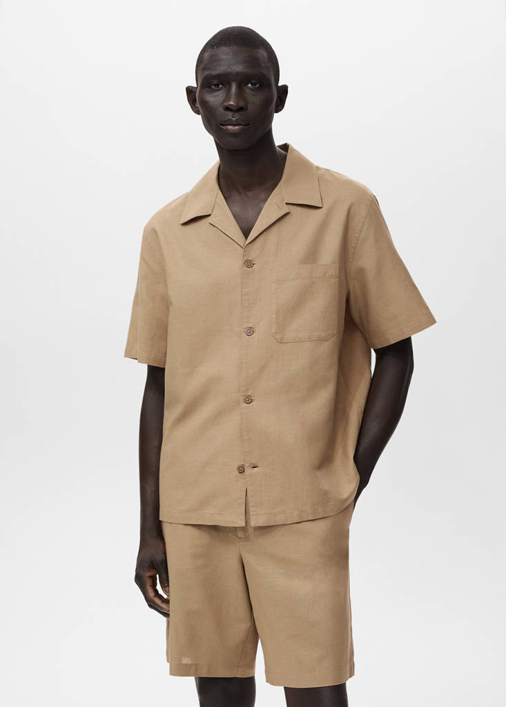Linen shirt with bowling collar and pocket — Beige