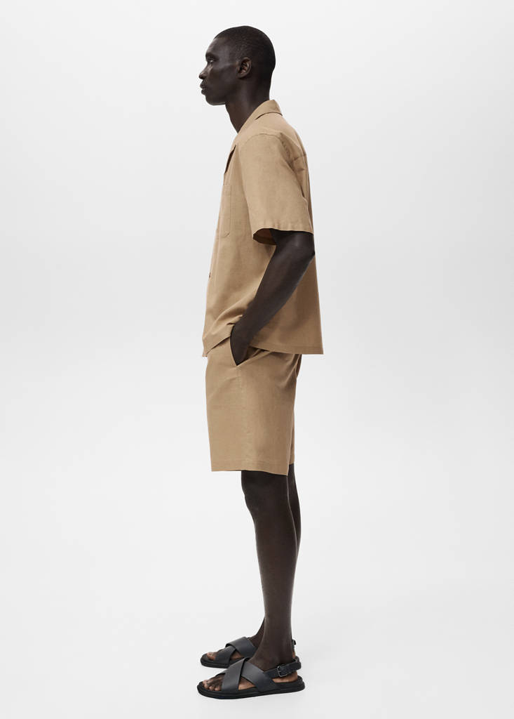 Linen shirt with bowling collar and pocket — Beige