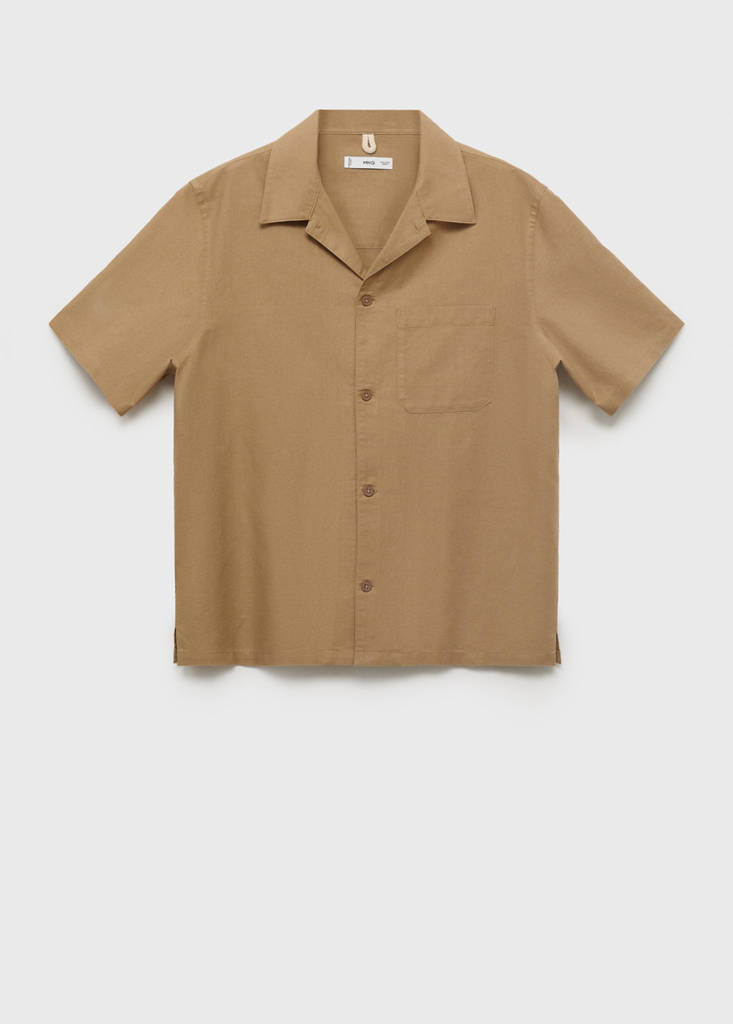 Linen shirt with bowling collar and pocket — Beige