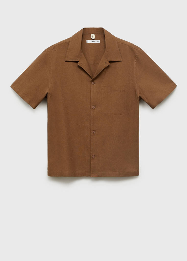 Linen shirt with bowling collar and pocket — Tobacco Brown
