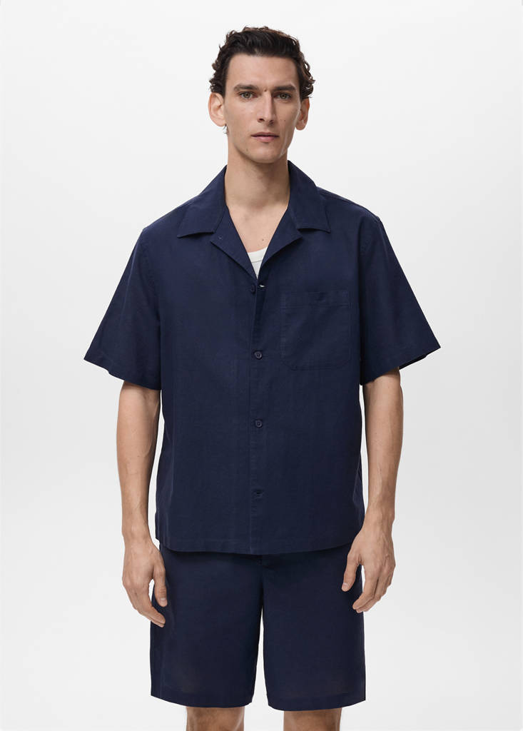 Linen shirt with bowling collar and pocket — Ink Blue