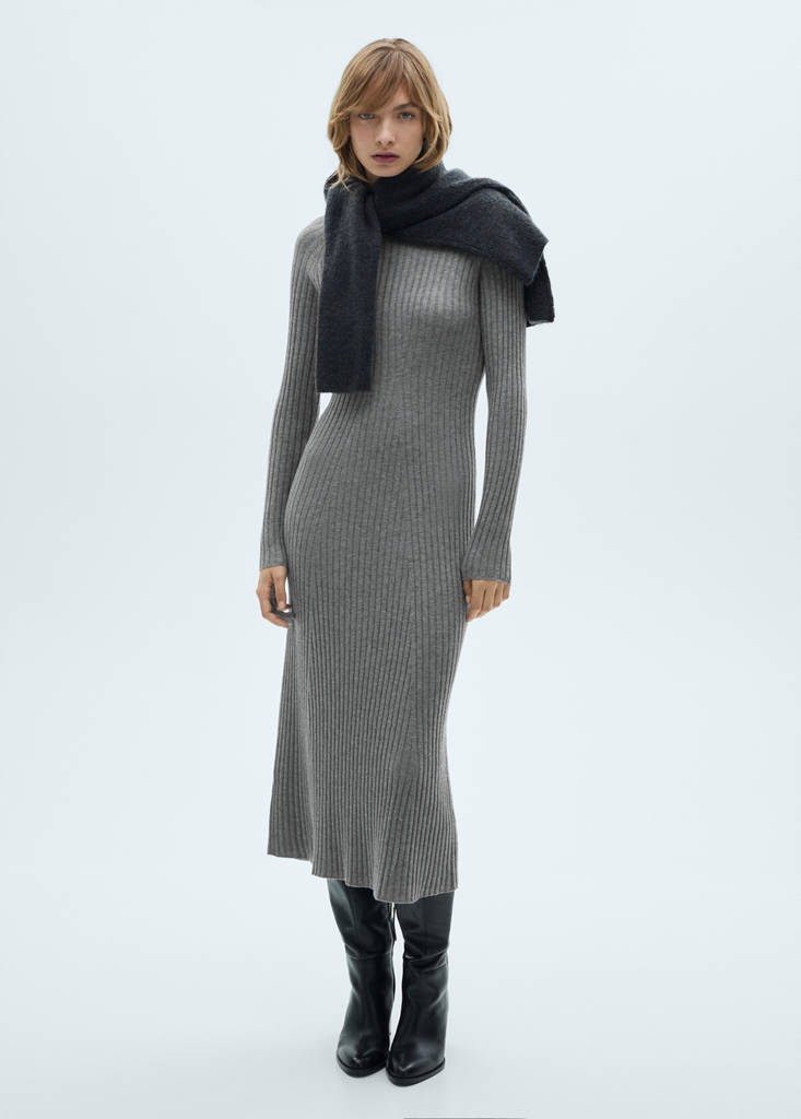 MANGO - Robe évasée maille col montant gris chiné moyen - XS
