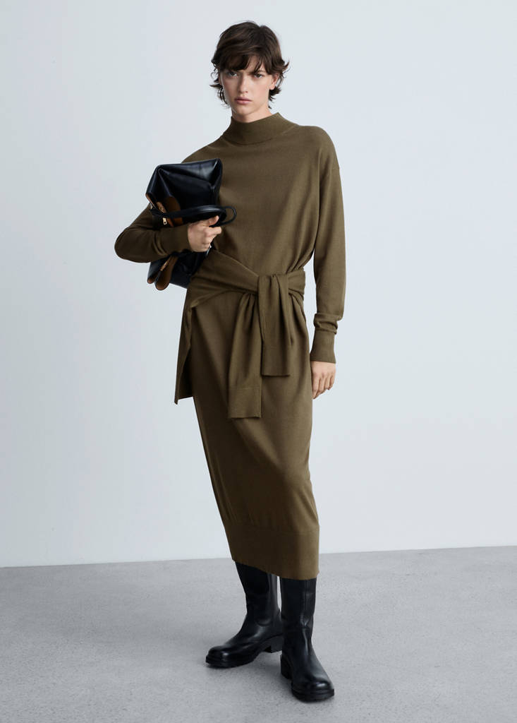 MANGO - Robe maille col montant kaki - M
