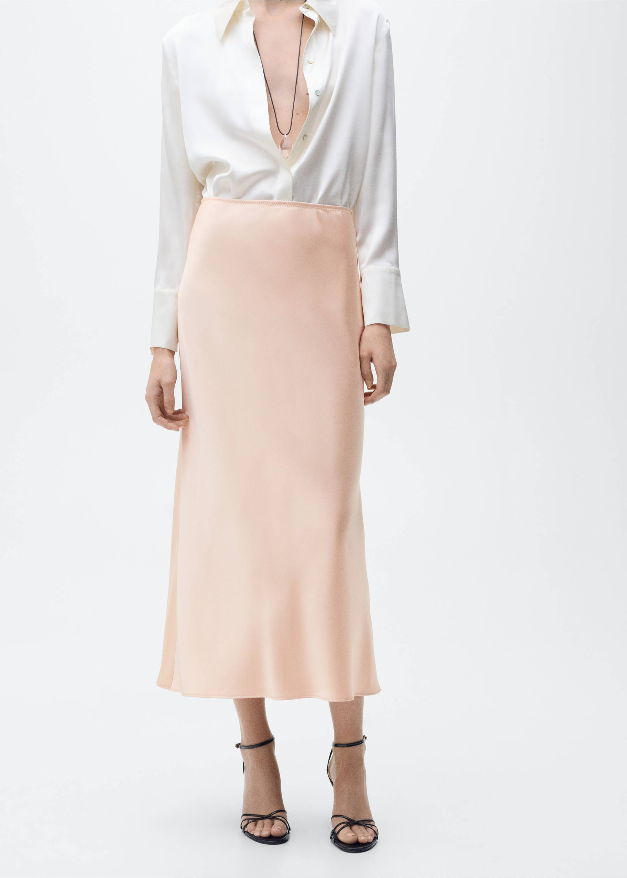 Falda midi satinada - Plano medio, Salmón. Ref: 87070455-00.
