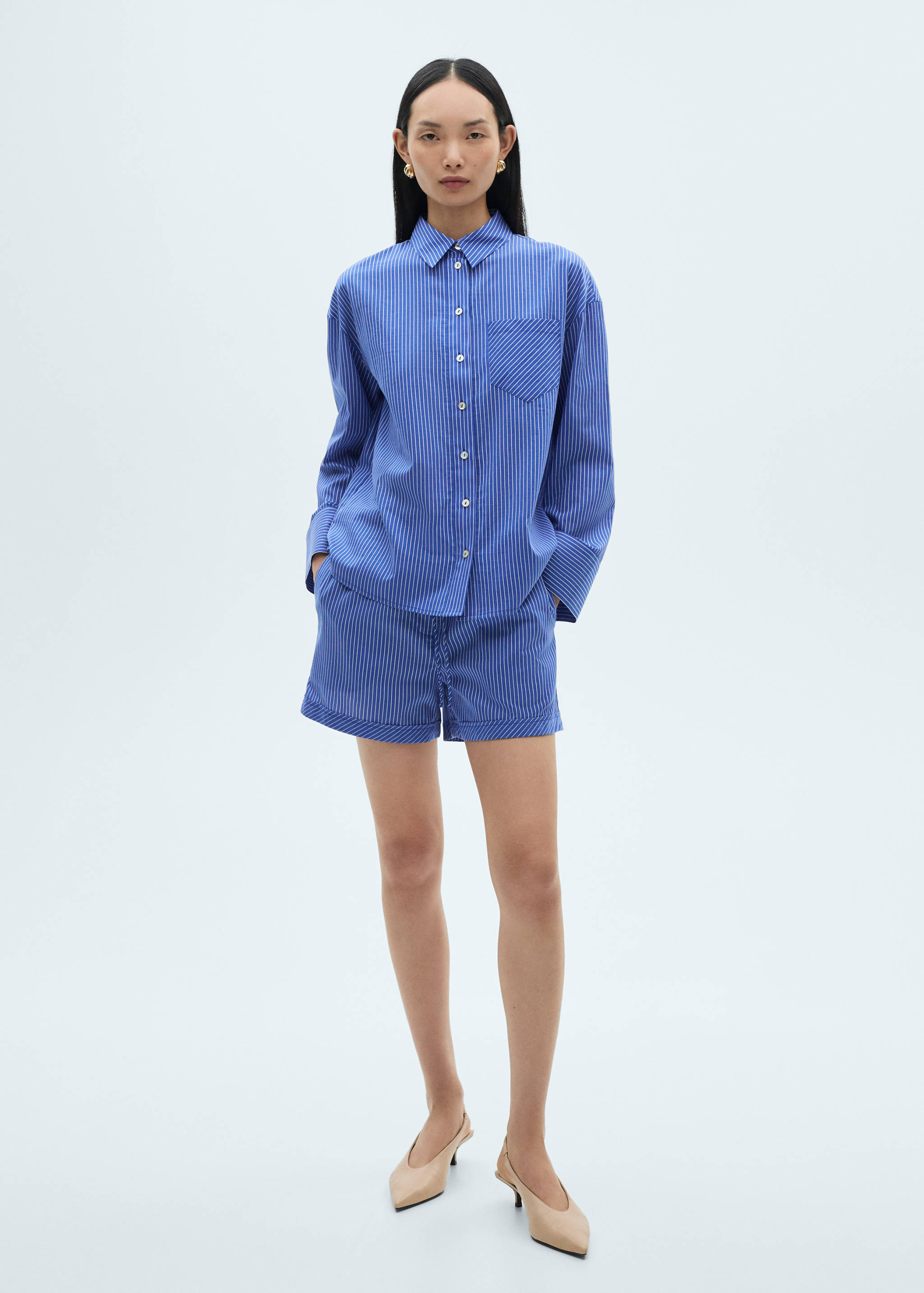 条纹棉质混纺衬衫 - null