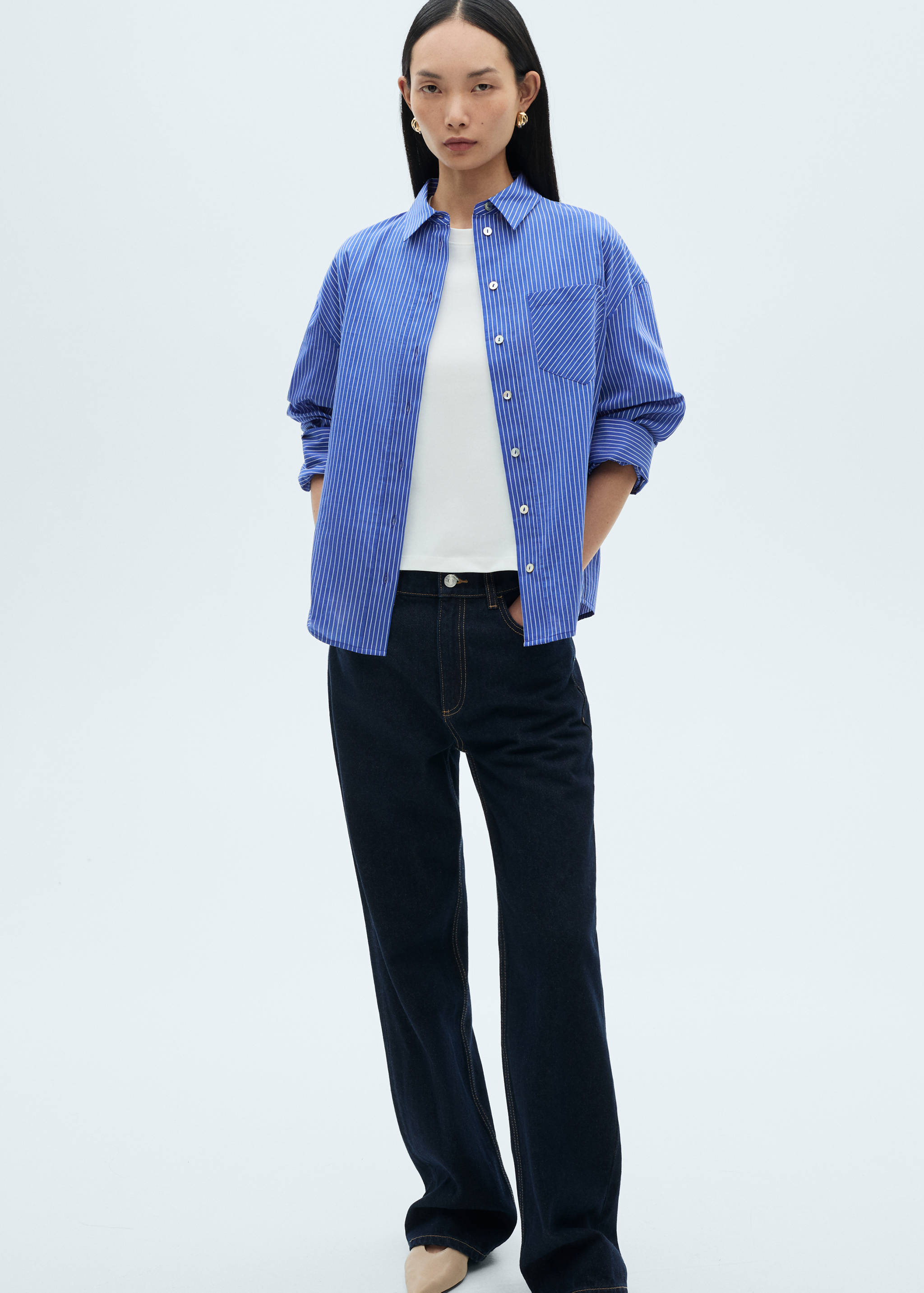 条纹棉质混纺衬衫 - null