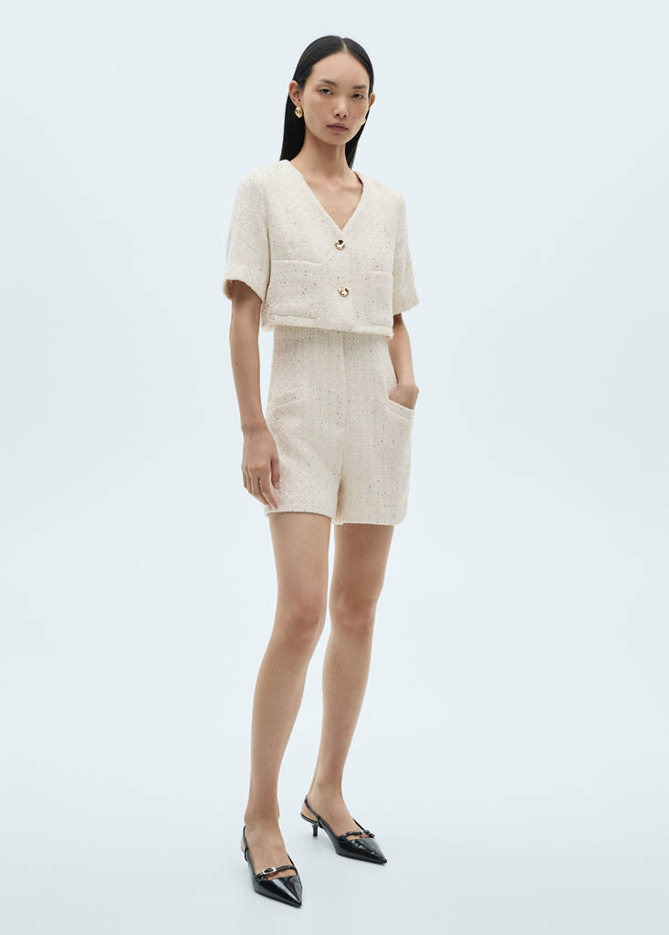 Short-sleeved tweed jumpsuit — Ecru