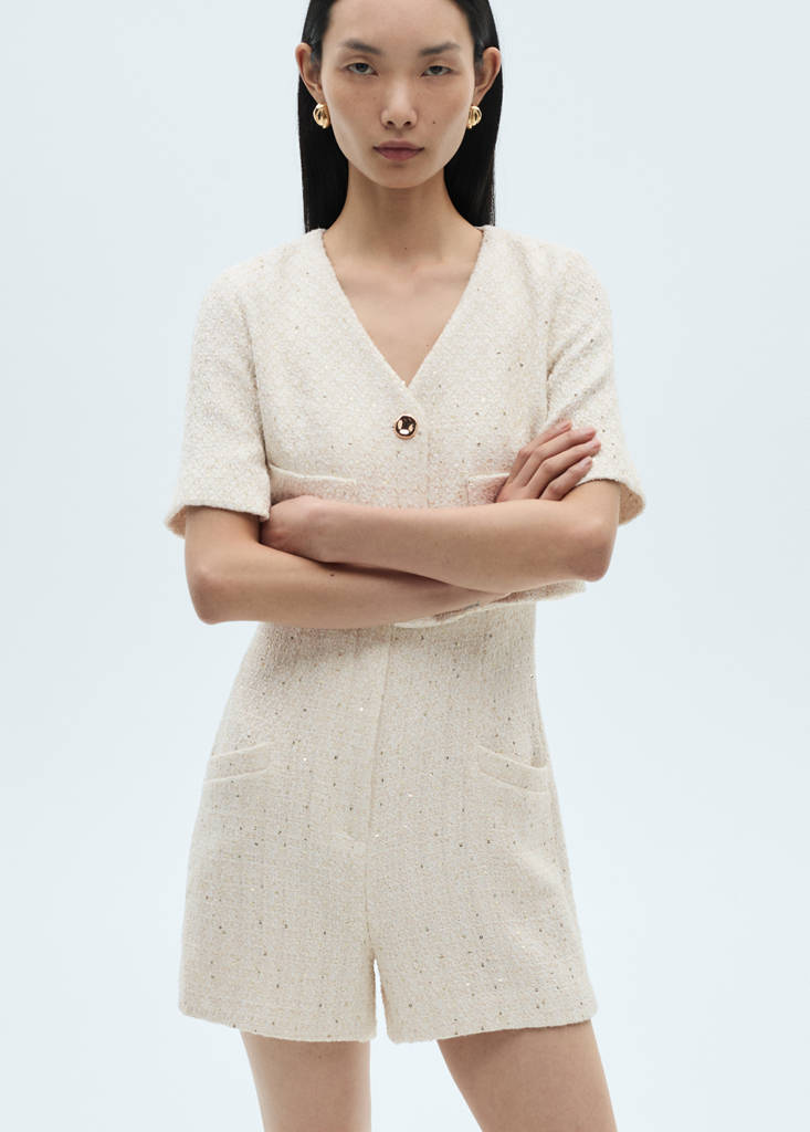 Short-sleeved tweed jumpsuit — Ecru