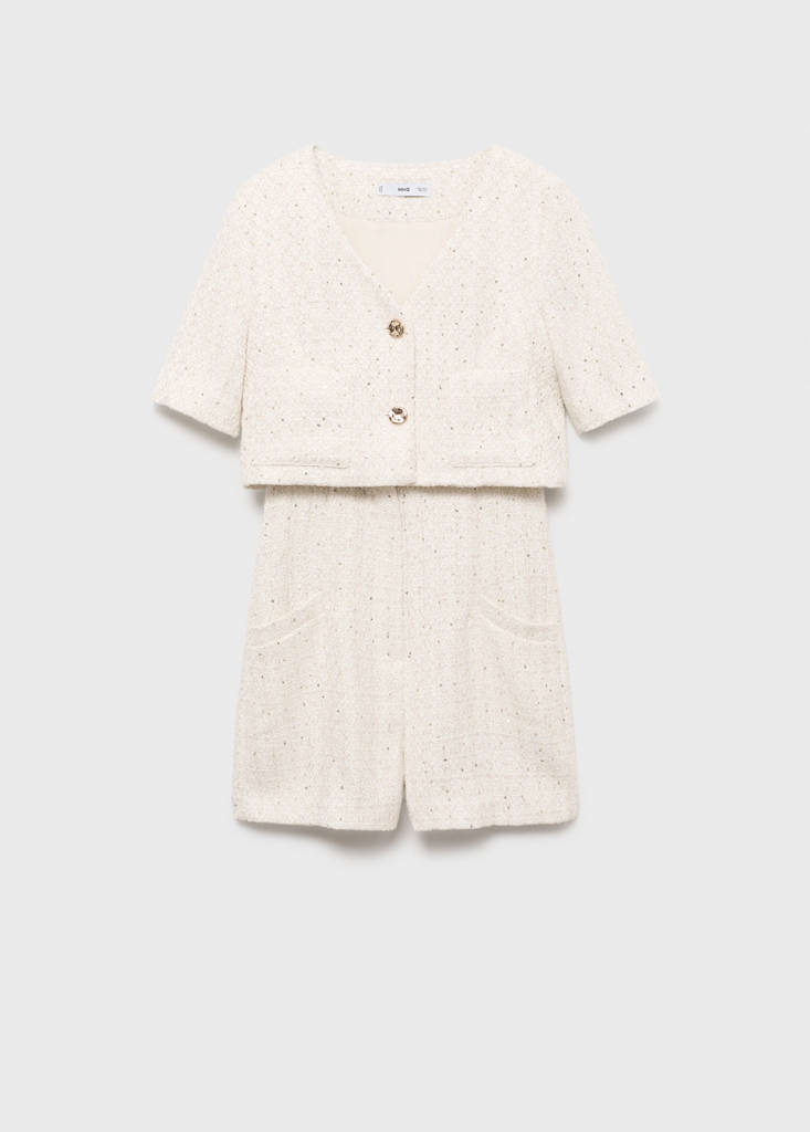 Short-sleeved tweed jumpsuit — Ecru