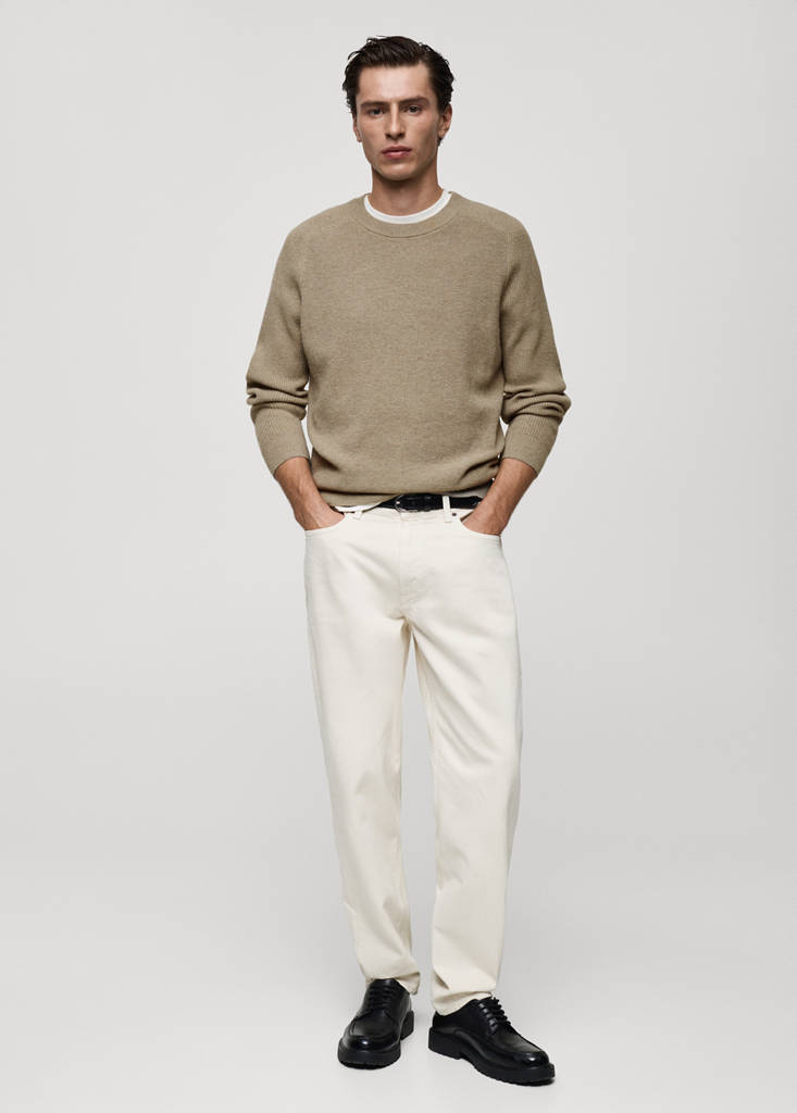 MANGO MAN - Pull-over laine maille côtelée gris vison - M