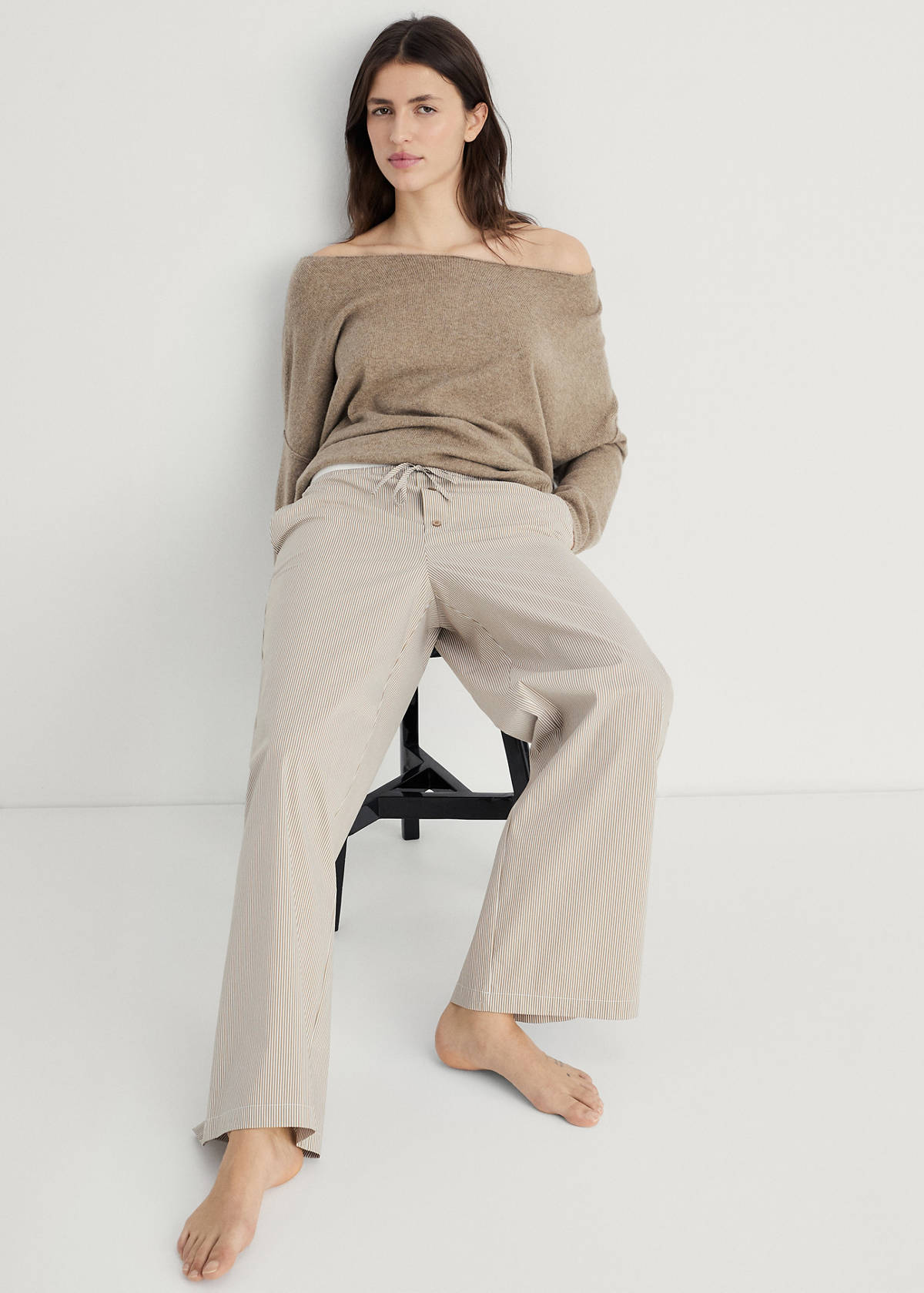 Striped pyjama trousers with elastic detail — Medium Brown
