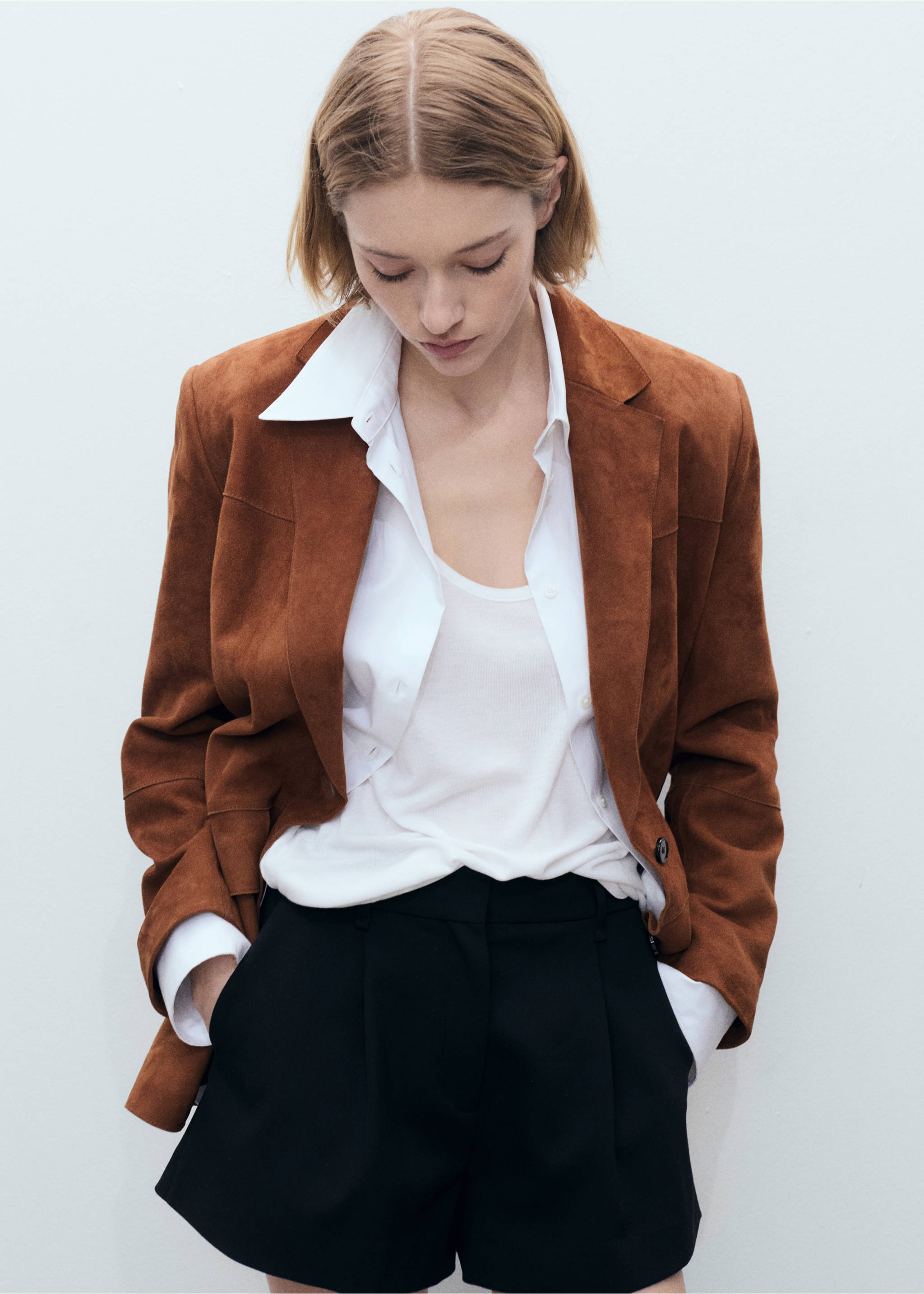 Straight suede blazer - Medium plane, Tobacco Brown. Ref: 87073653-00.