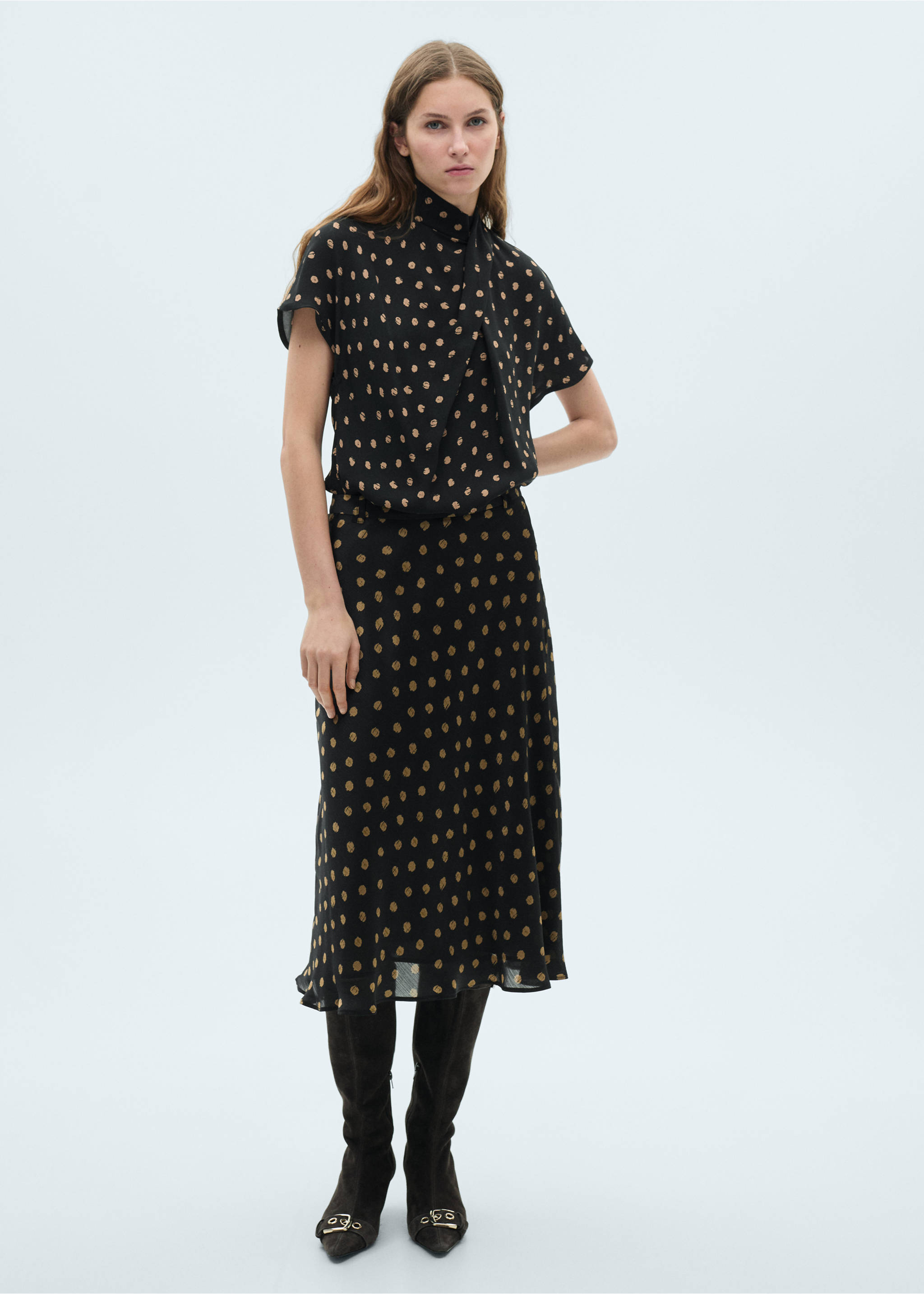 Polka-dot midi skirt - General plane, Black. Ref: 87074069-00.