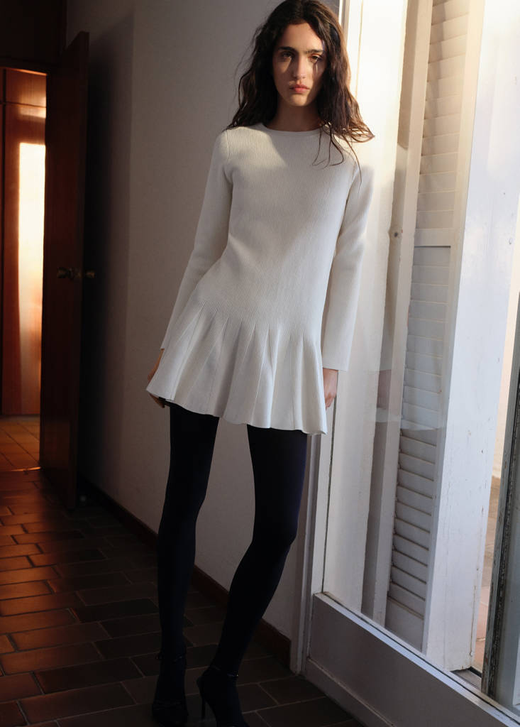 MANGO - Robe courte en maille plissée écru - M