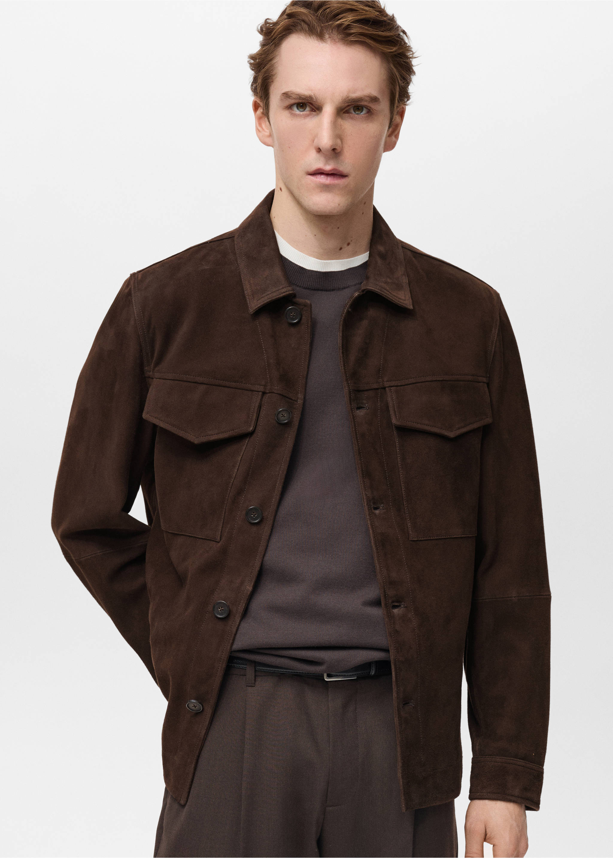 Suede jacket with pockets - Details of the article 3, Chocolate. Ref: 87074391-00.