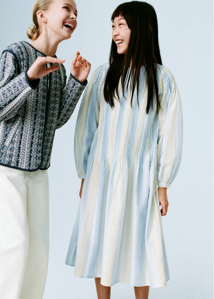 Striped gathered dress — Sky Blue