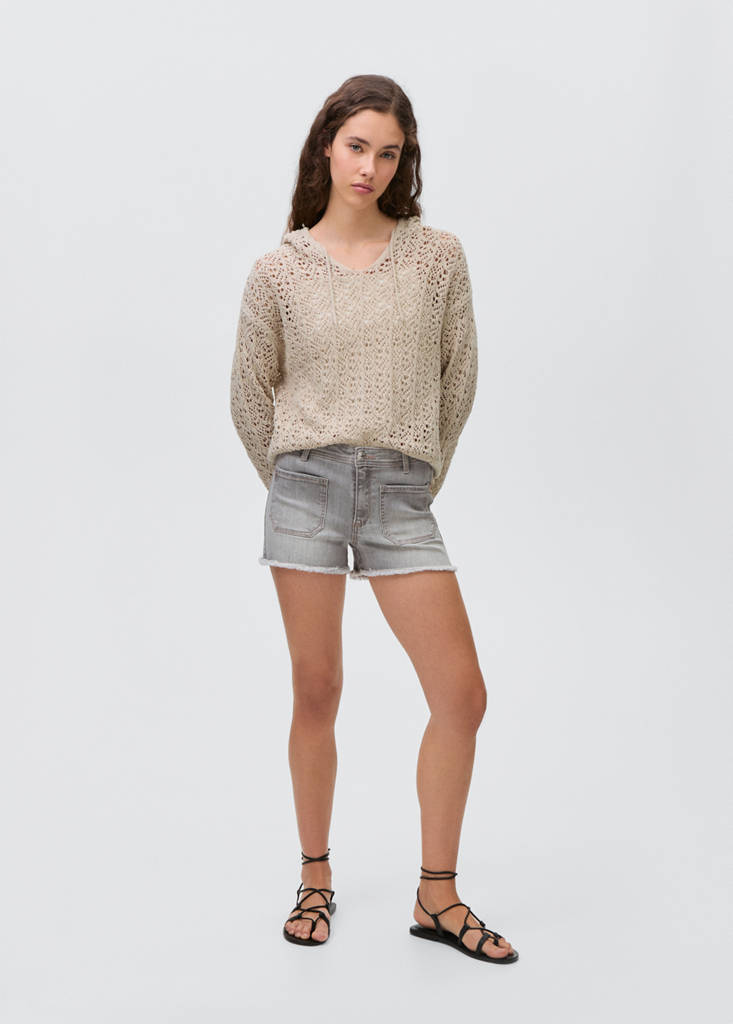 Openwork knitted sweater with hood — Sand