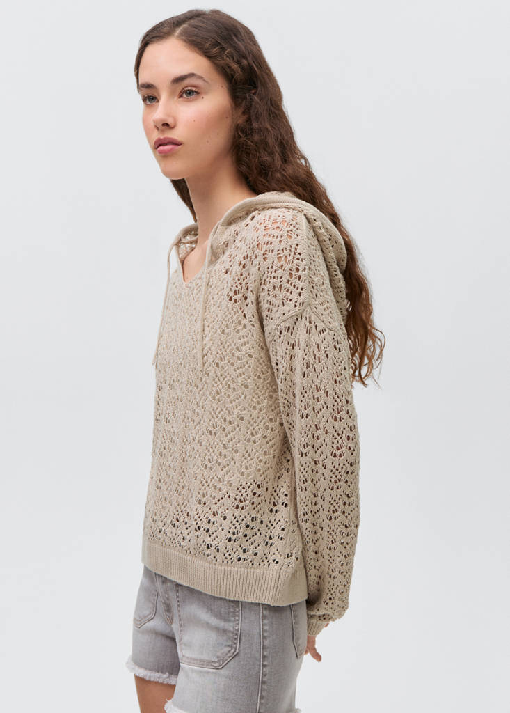 Openwork knitted sweater with hood — Sand