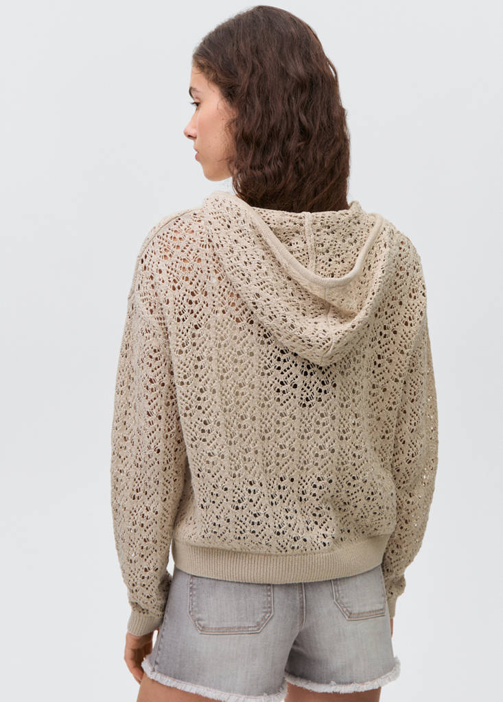 Openwork knitted sweater with hood — Sand
