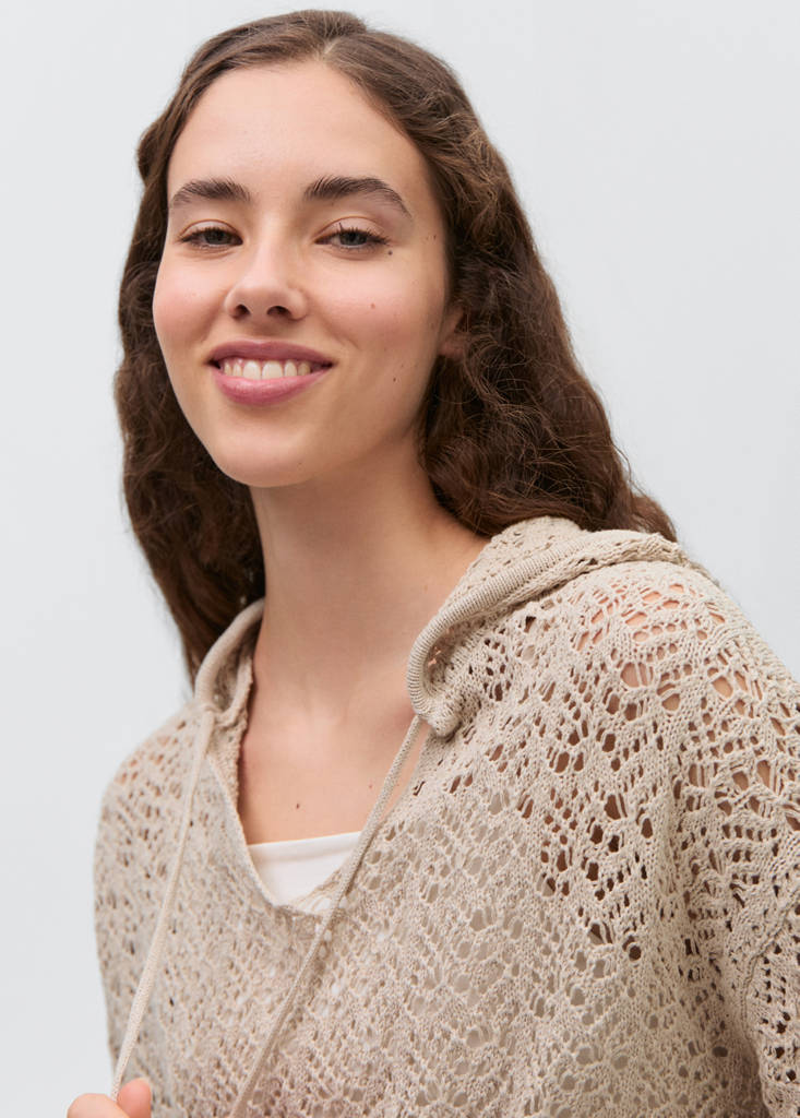Openwork knitted sweater with hood — Sand