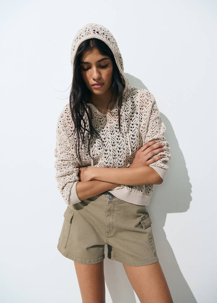 Openwork knitted sweater with hood — Sand
