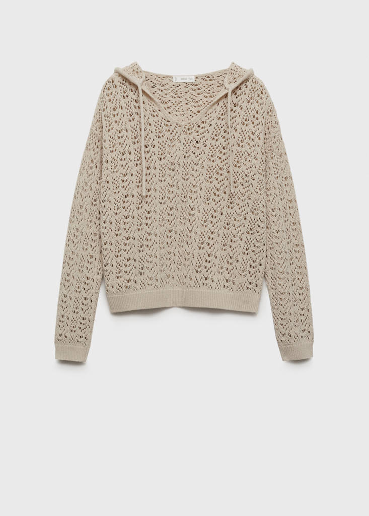 Openwork knitted sweater with hood — Sand