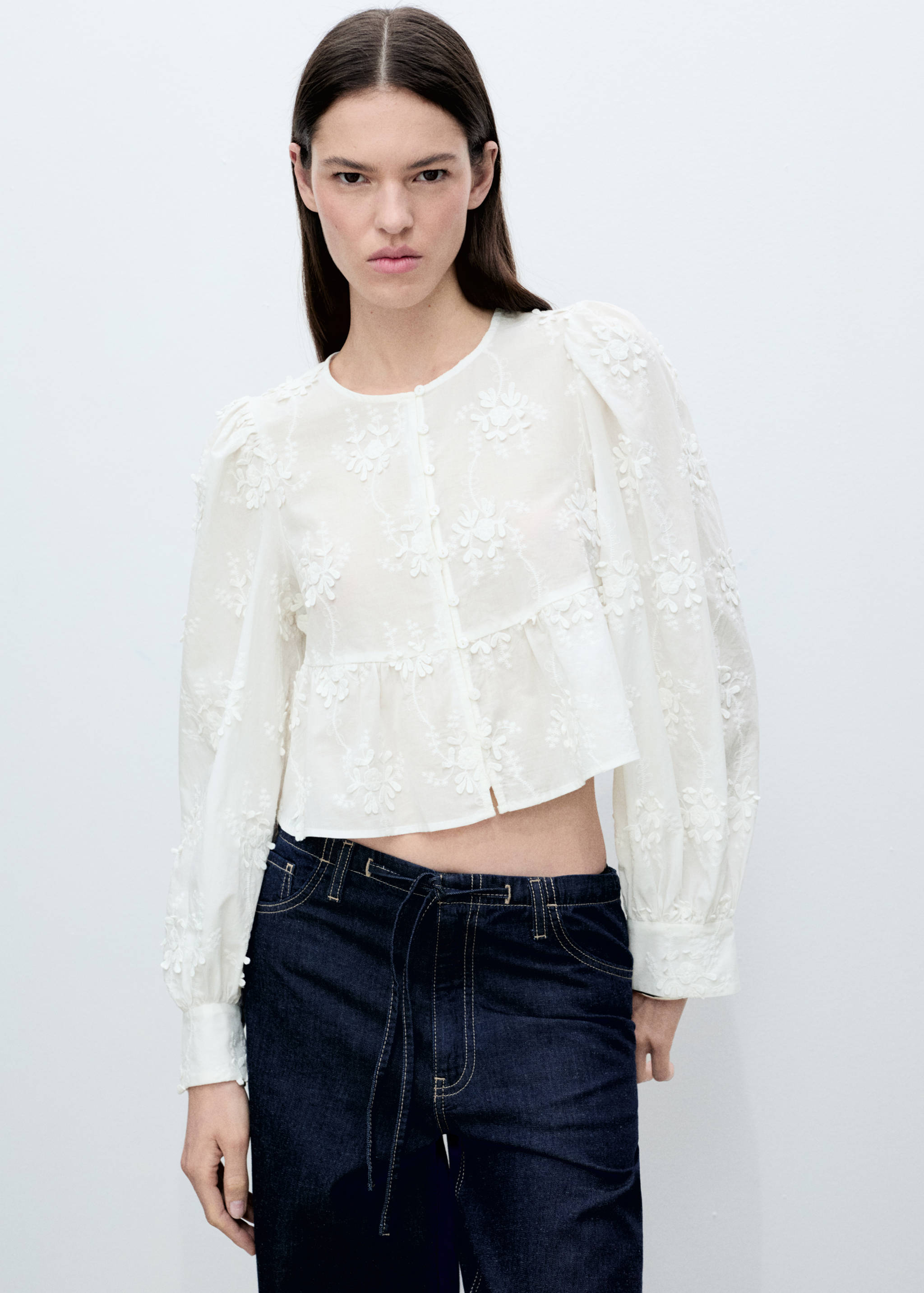 Flower-embroidered cotton blouse - Medium plane
