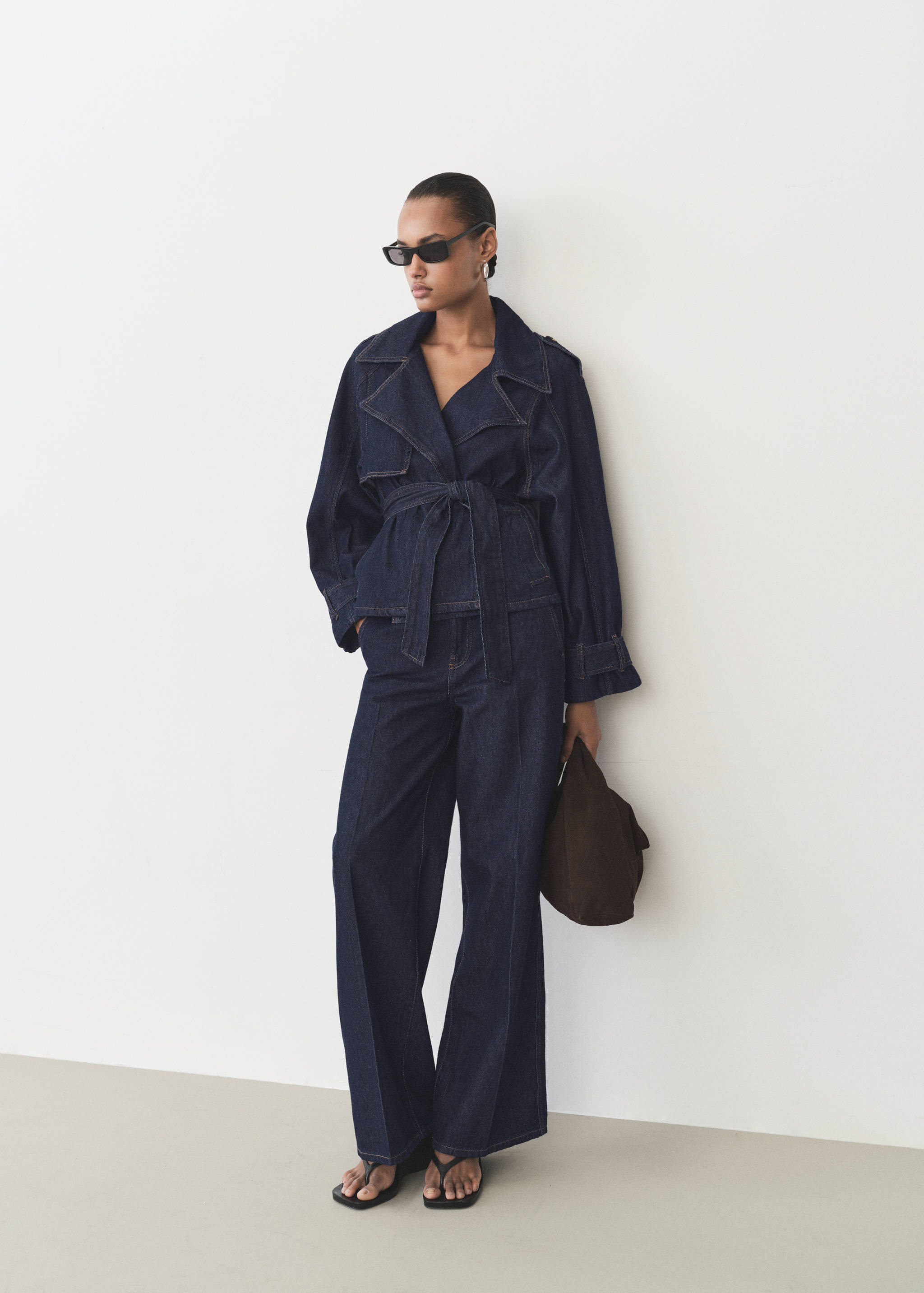 Short denim trench coat with belt - General plane