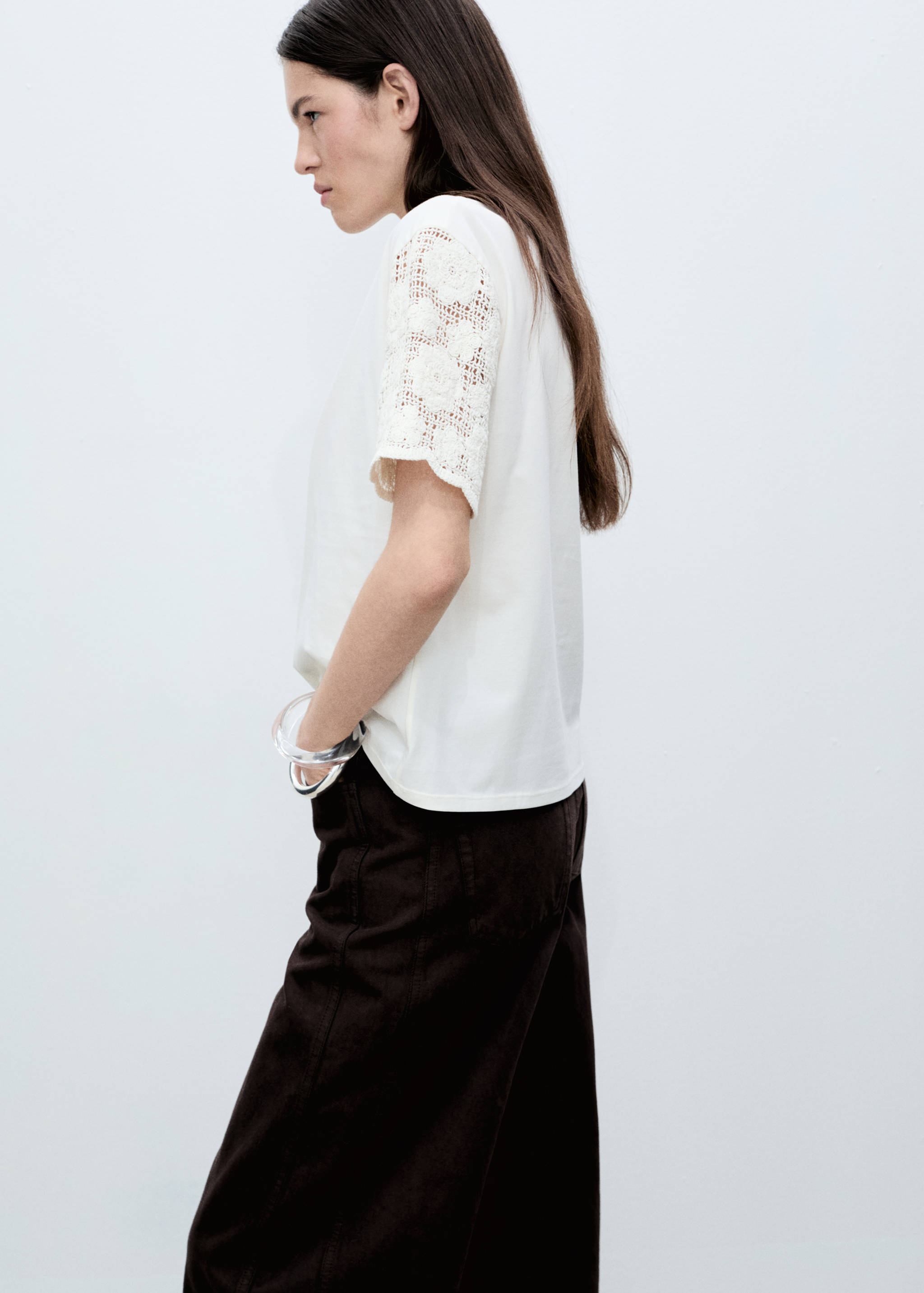 Cotton crochet sleeve t-shirt - Medium plane